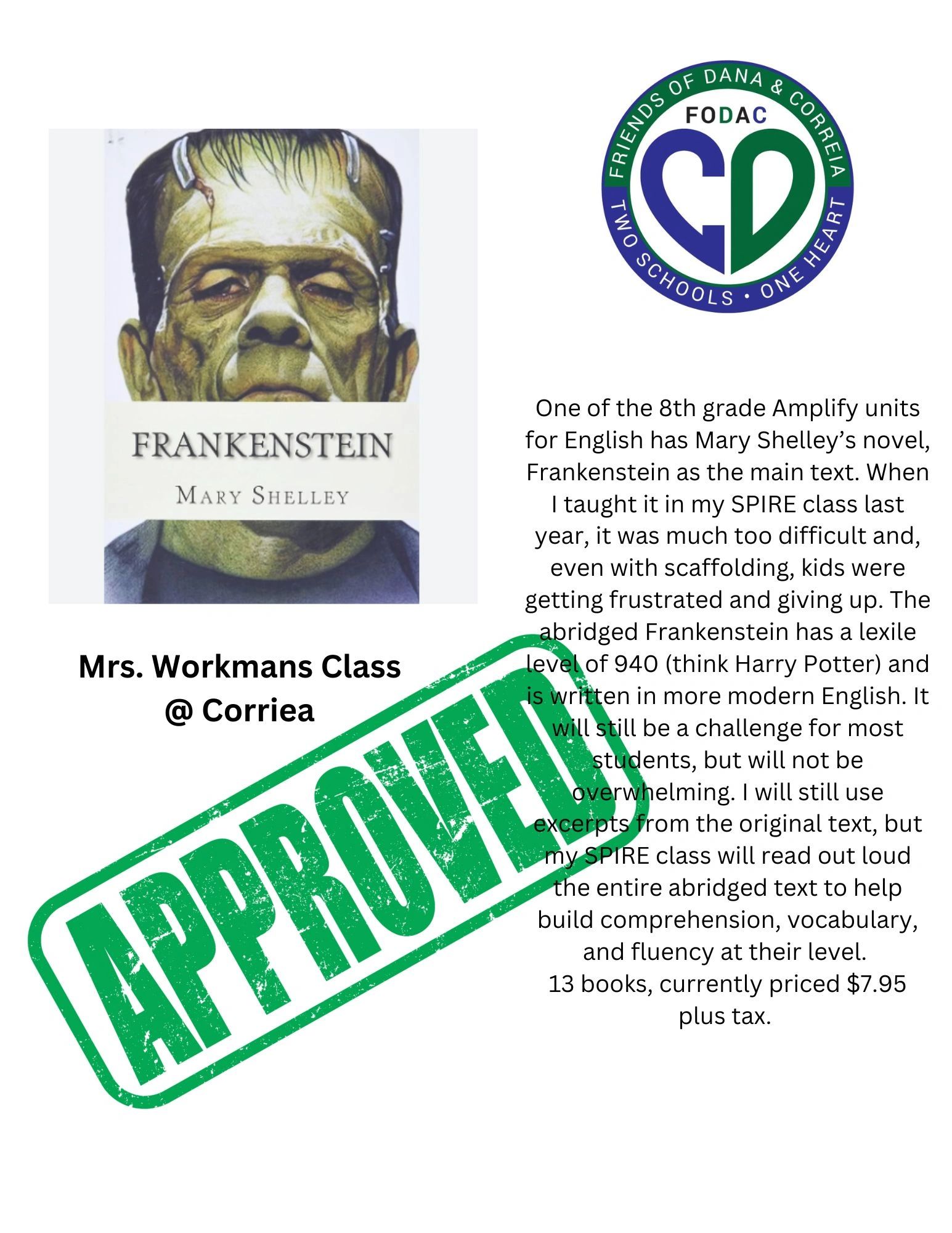 Frankenstein 8th grade English grant approval